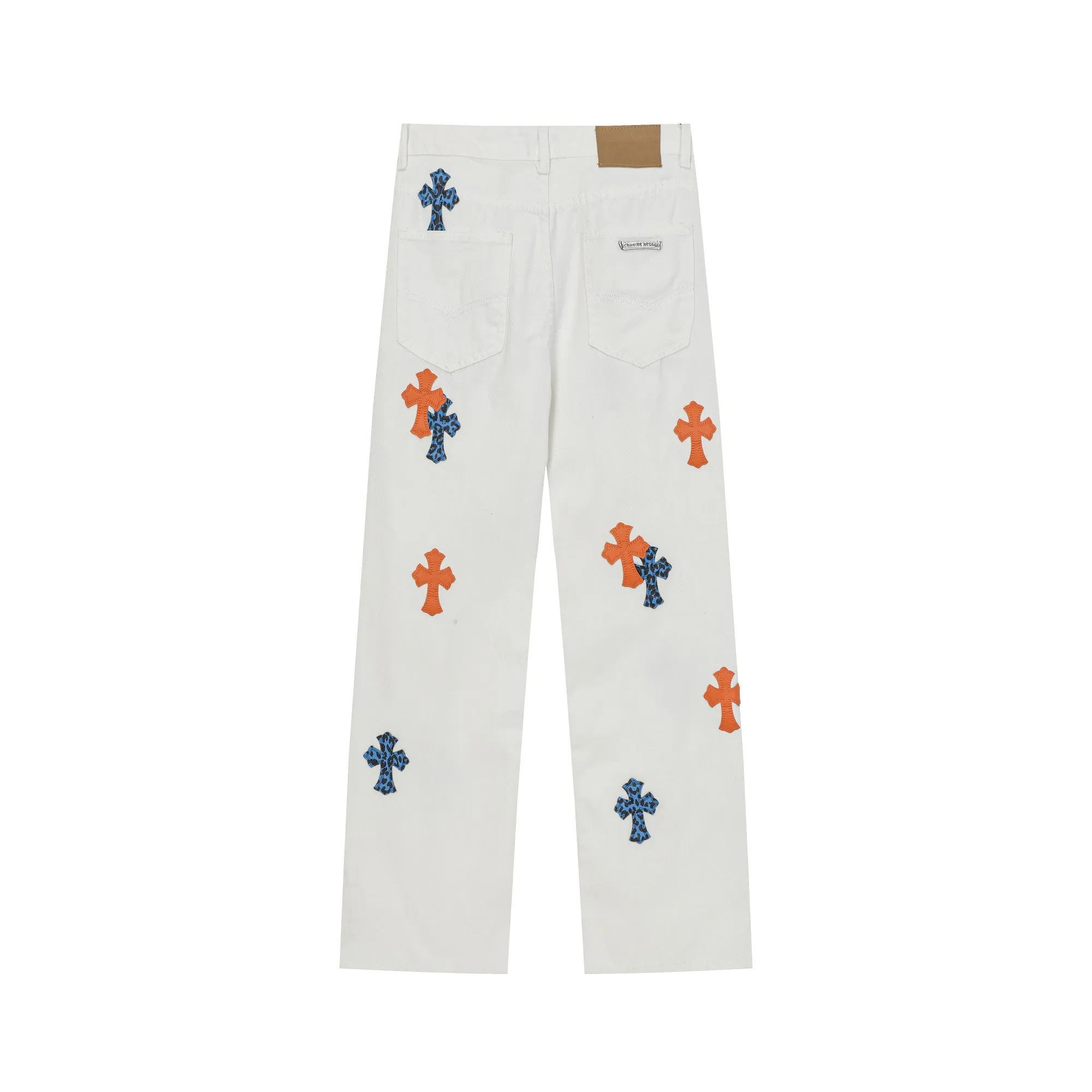 P270 Chrome Hearts/Chrome Hearts 25ss Classic White Cow Series Colored Leather Cross Washed Color Cloth Uniform Denim Trousers for Men and Women Color: Picture Color Code Number: 28-36
